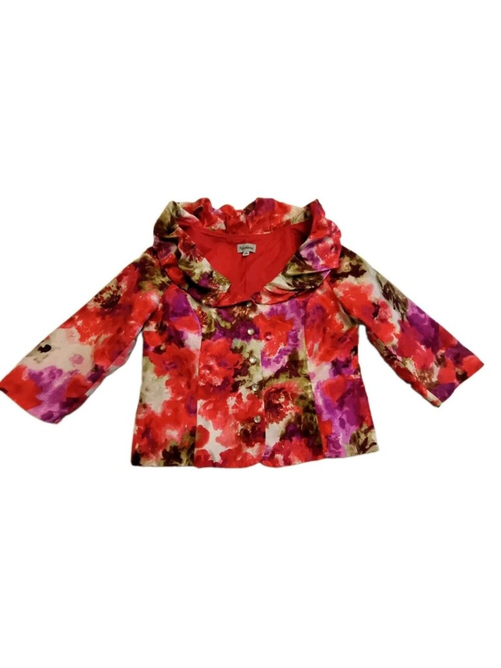 Nicolette Satin Floral Button Front Blouse Women’s Size 16 Ruffle Neck
